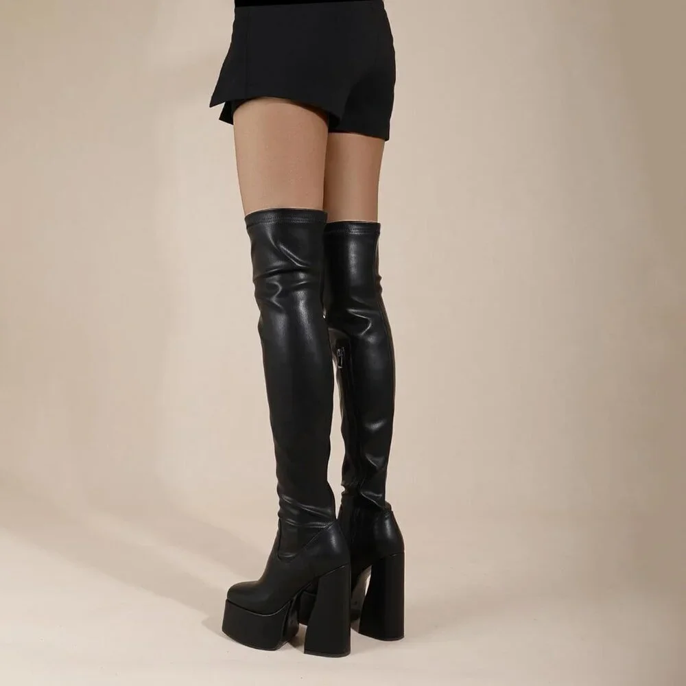 Women Black Synthetic Thigh High Boots Chunky Block Heels Over The Knee Boots